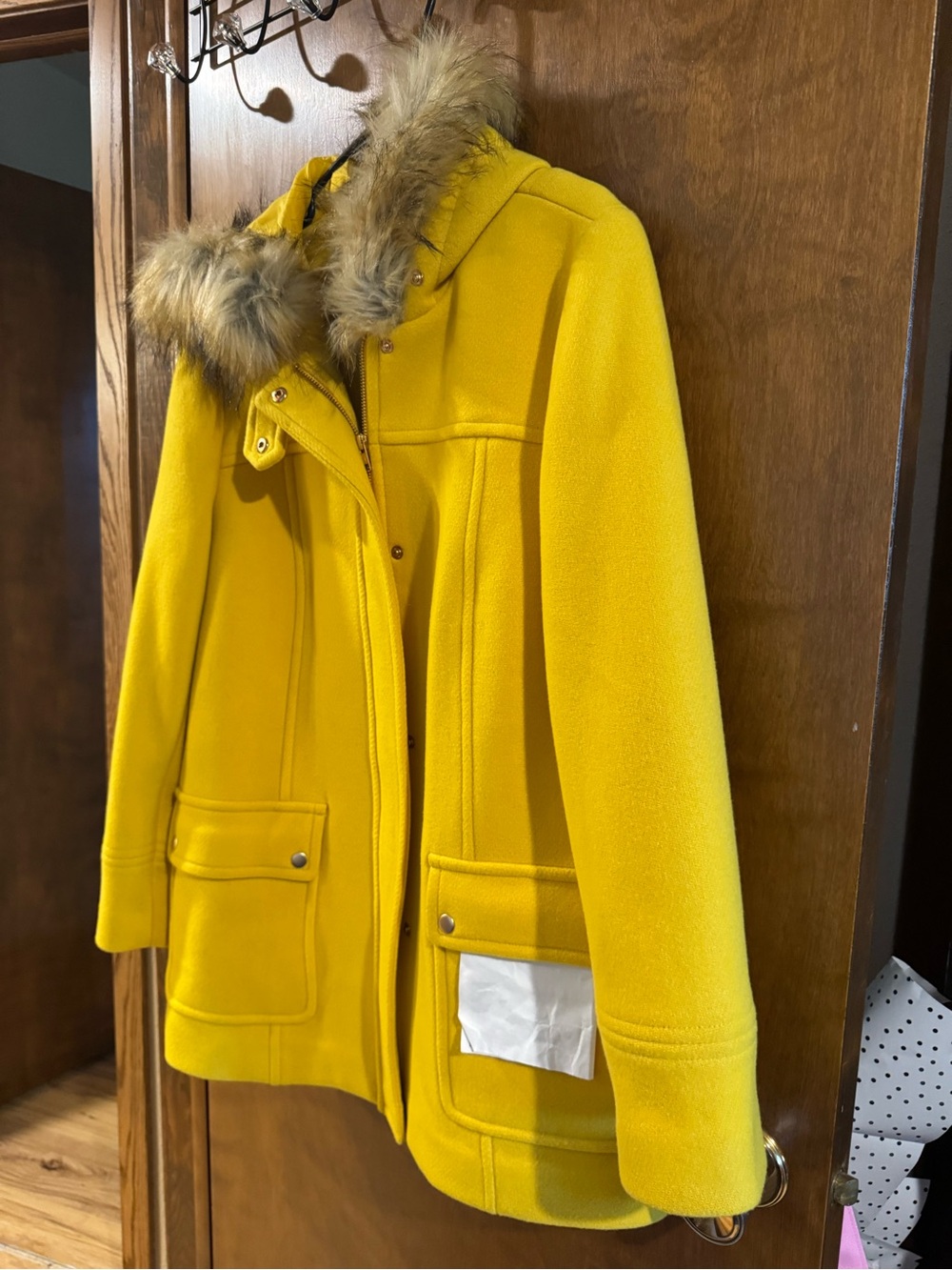 Talbots Bright Yellow Pea Coat with Faux Fur Hood
